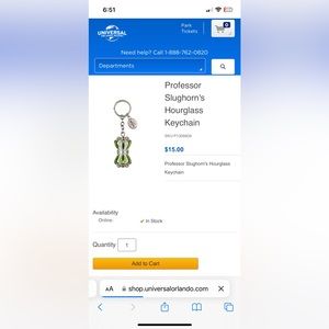 Harry Potter Universal Studios Professor Slughorn’s Hourglass Keychain no chain
